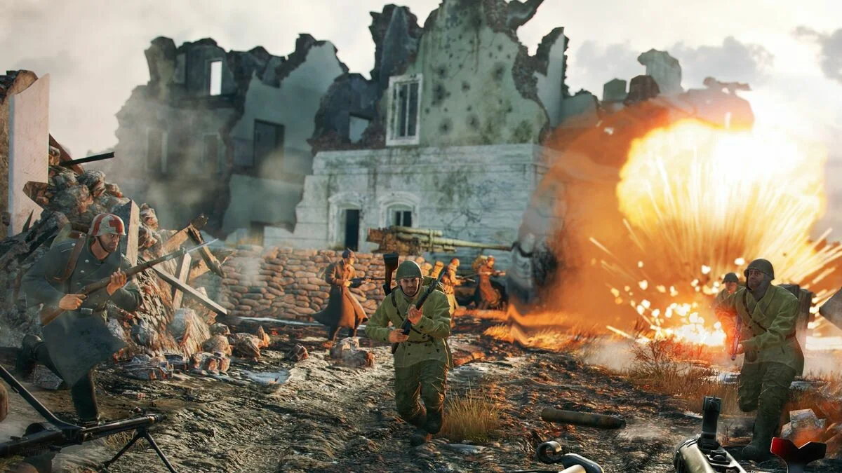 Enlisted squad soldiers advancing across a WWII battlefield