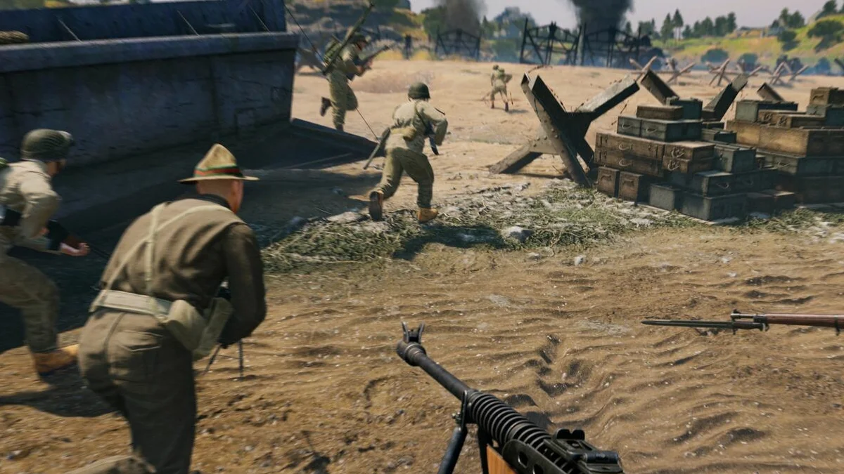 Enlisted player aiming down sights at an enemy squad