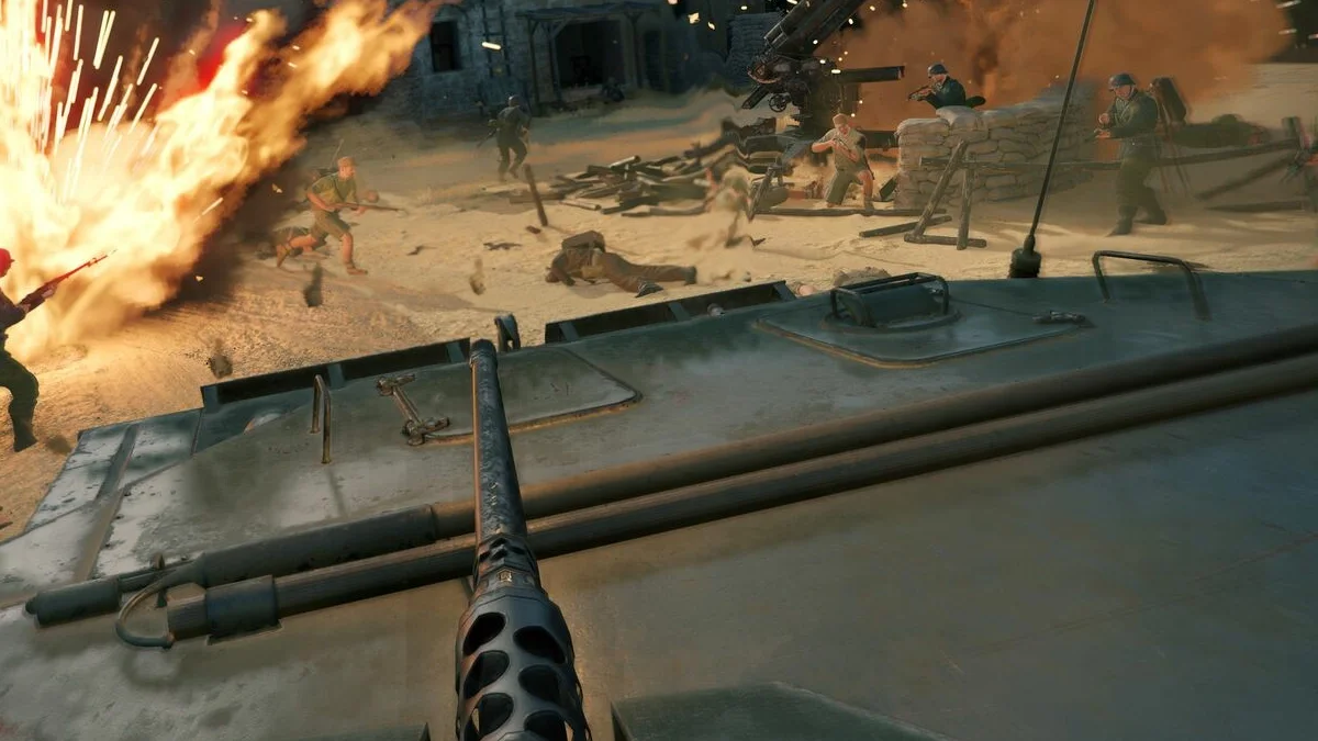 Enlisted soldiers storming the Normandy beach under machine gun fire