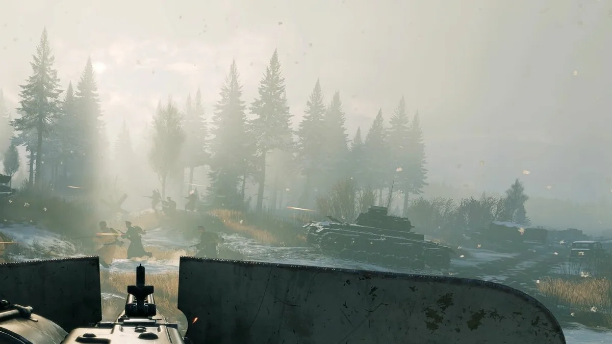 Enlisted tanks and infantry fighting through snowy Moscow streets