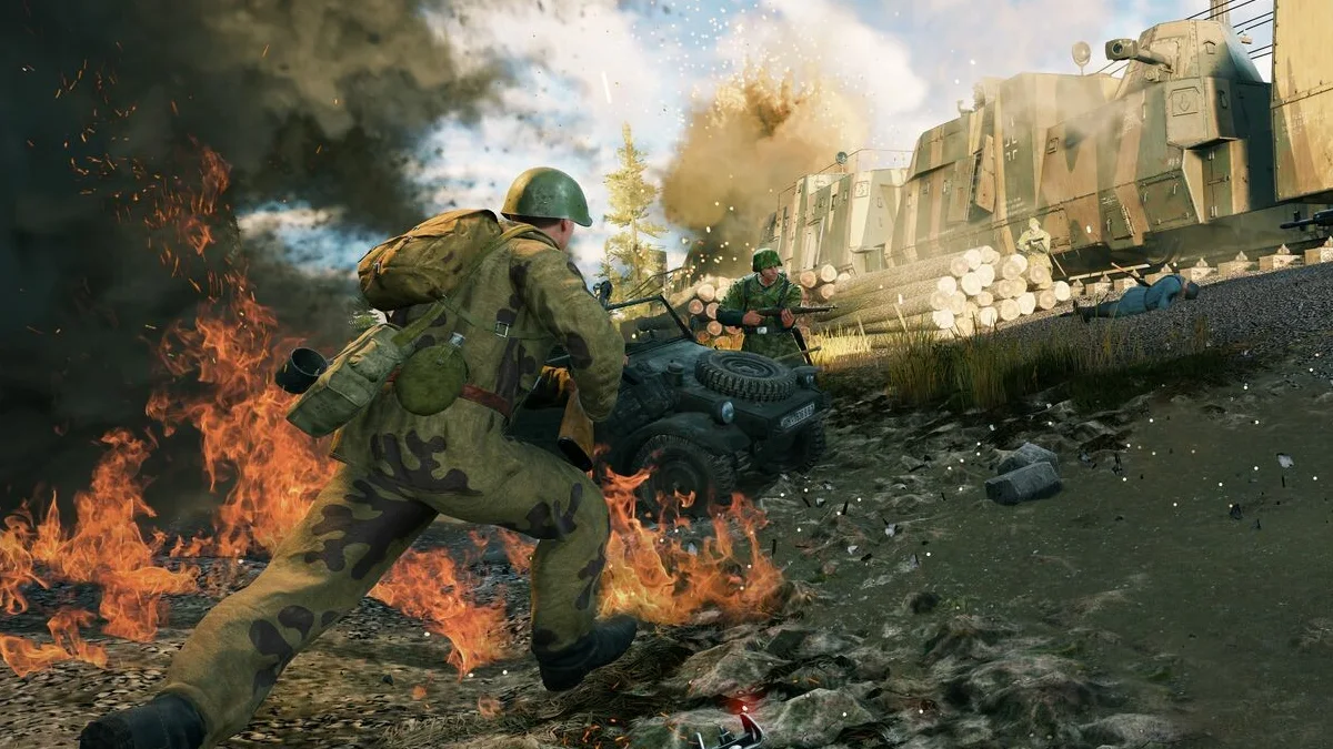 Enlisted infantry clearing rubble-filled Berlin streets