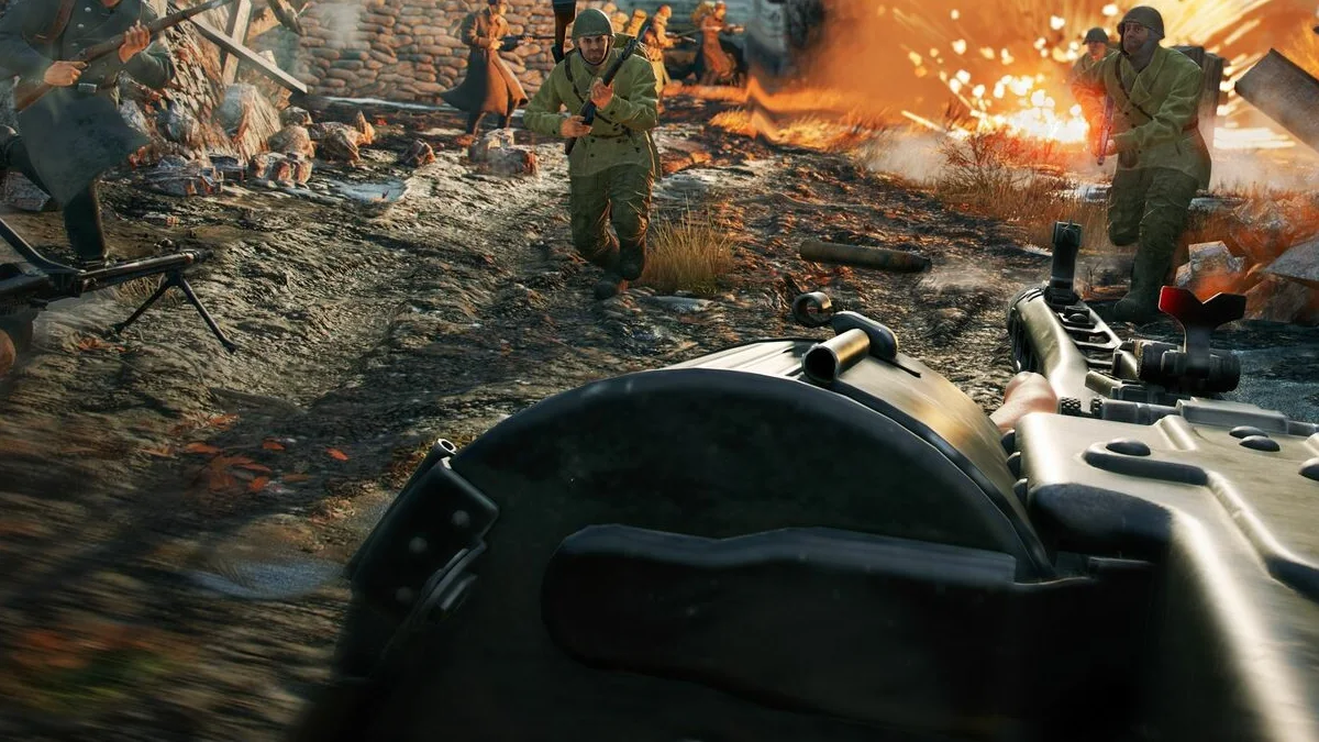 Enlisted tank crew advancing with infantry support